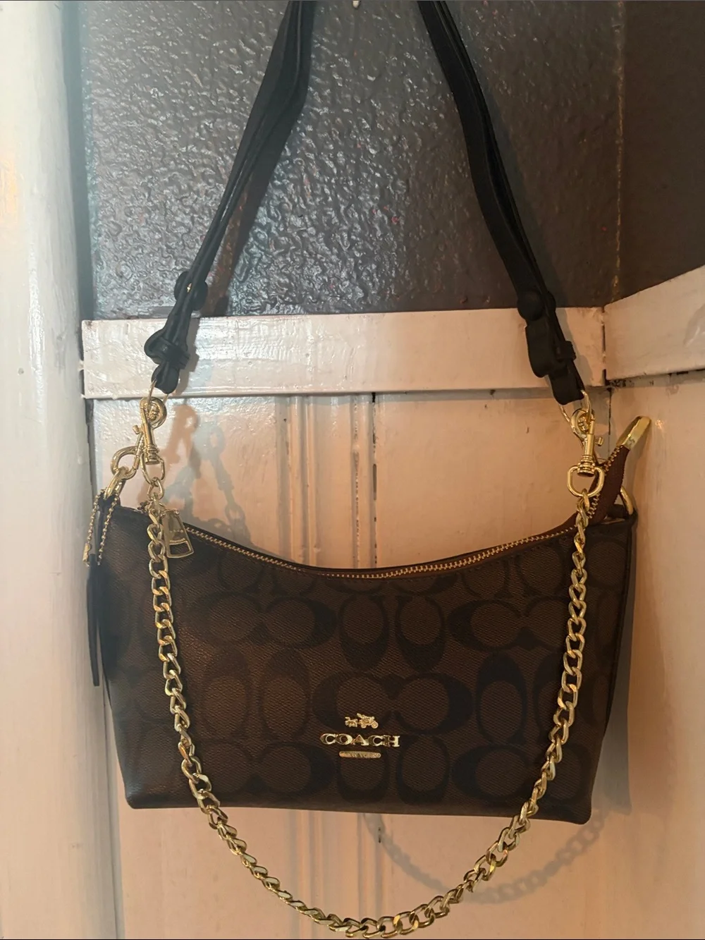 Coach Brown Signature Canvas Shoulder Bag with Gold Hardware
